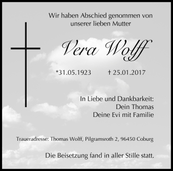 Traueranzeige von Vera Wolff von Neue Presse Coburg