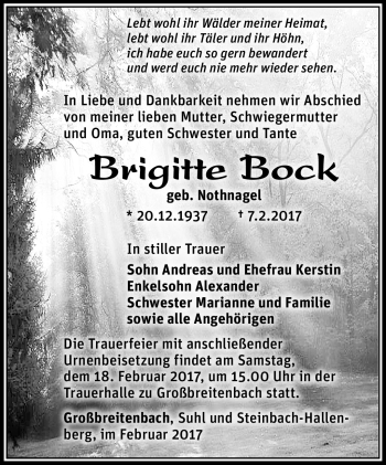 Traueranzeige von Brigitte Bock von Südthüringer Presse