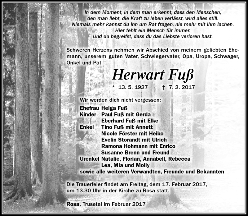  Traueranzeige für Herwart Fuß vom 14.02.2017 aus Südthüringer Presse