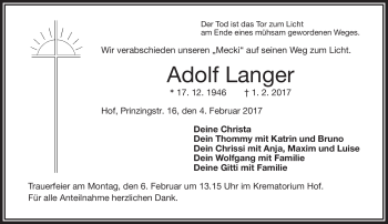 Traueranzeige von Adlolf Langer von Frankenpost