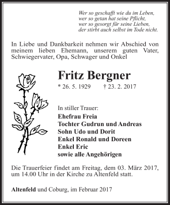 Traueranzeige von Fritz Bergner von Südthüringer Presse