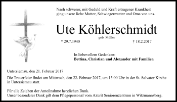Traueranzeige von Ute Köhlerschmidt von Neue Presse Coburg