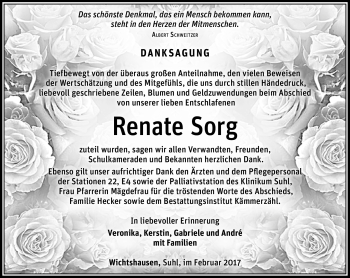 Traueranzeige von Renate Sorg von Südthüringer Presse