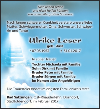 Traueranzeige von Ulrike Leser von Südthüringer Presse