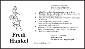 Traueranzeige von Fredi Henkel von Südthüringer Presse
