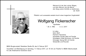 Traueranzeige von Wolfgang Fickenscher von Neue Presse Coburg