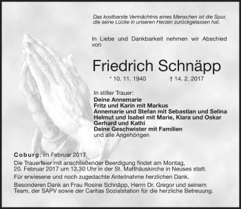 Traueranzeige von Friedrich Schnäpp von Neue Presse Coburg