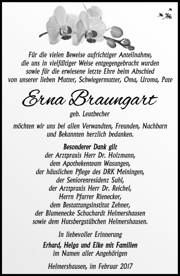 Traueranzeige von Erna Braungart von Südthüringer Presse