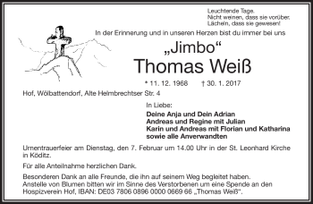 Traueranzeige von Thomas Weiß von Frankenpost