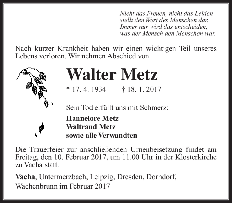  Traueranzeige für Walter Metz vom 08.02.2017 aus Südthüringer Presse