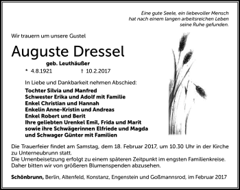 Traueranzeige von Auguste Dressel von Südthüringer Presse