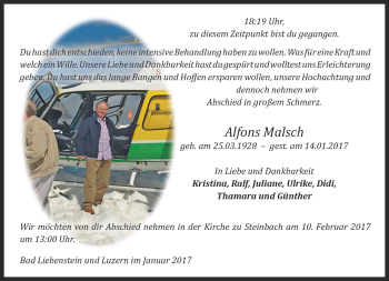 Traueranzeige von Alfons Malsch von Südthüringer Presse