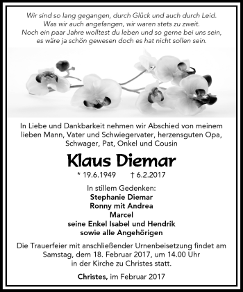 Traueranzeige von Klaus Diemar von Südthüringer Presse