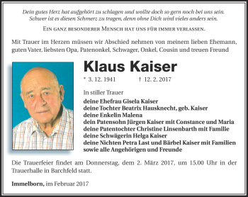Traueranzeige von Klaus Kaiser von Südthüringer Presse
