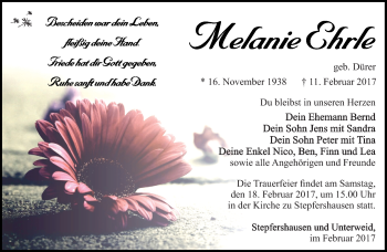 Traueranzeige von Melanie Ehrle von Südthüringer Presse