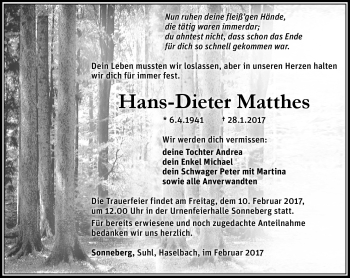 Traueranzeige von Hans-Dieter Matthes von Südthüringer Presse