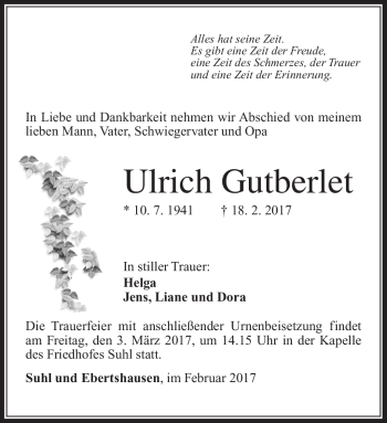 Traueranzeige von Ulrich Gutberlet von Südthüringer Presse