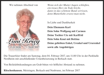 Traueranzeige von Loni Krieg von Südthüringer Presse