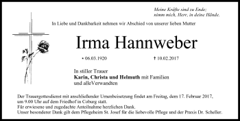 Traueranzeige von Irma Hannweber von Neue Presse Coburg