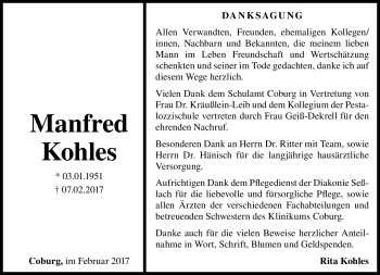 Traueranzeige von Manfred Kohles von Neue Presse Coburg