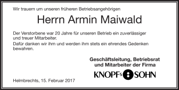 Traueranzeige von Armin Maiwald von Frankenpost