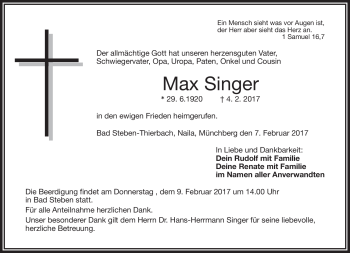 Traueranzeige von Max Singer von Frankenpost