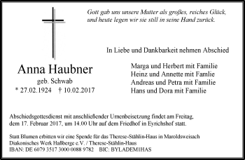 Traueranzeige von Anna Haubner von Neue Presse Coburg
