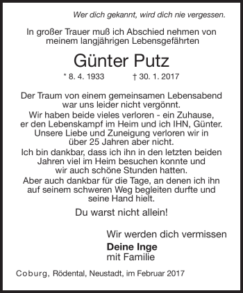 Traueranzeige von Günter Putz von Neue Presse Coburg