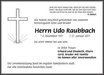 Traueranzeige von Udo Raubbach von Frankenpost