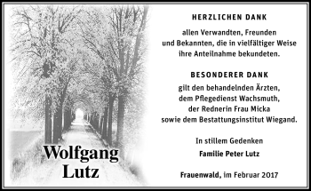 Traueranzeige von Wolfgang Lutz von Südthüringer Presse
