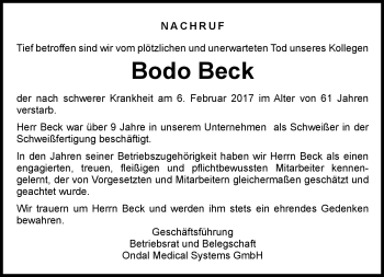 Traueranzeige von Bodo Beck von Südthüringer Presse