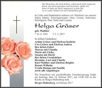 Traueranzeige von Helga Gräser von Südthüringer Presse
