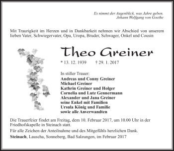 Traueranzeige von Theo Greiner von Südthüringer Presse