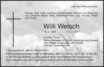 Traueranzeige von Willi Welsch von Neue Presse Coburg