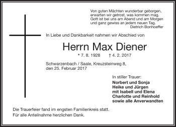 Traueranzeige von Max Diener von Frankenpost