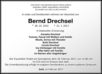 Traueranzeige von Bernd Drechsel von Südthüringer Presse