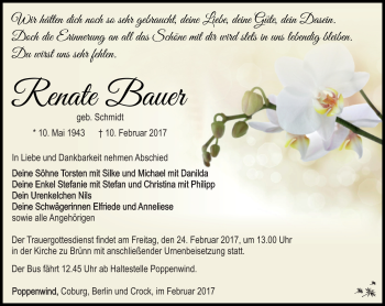 Traueranzeige von Renate Bauer von Südthüringer Presse