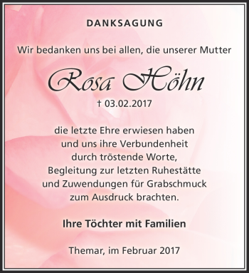 Traueranzeige von Rosa Höhn von Südthüringer Presse