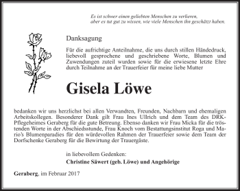 Traueranzeige von Gisela Löwe von Südthüringer Presse