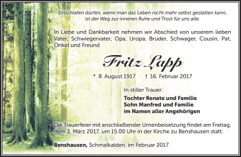 Traueranzeige von Fritz Lapp von Südthüringer Presse