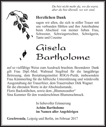 Traueranzeige von Gisela Bartholome von Südthüringer Presse