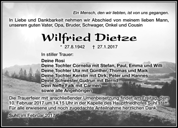 Traueranzeige von Wilfried Dietzel von Südthüringer Presse