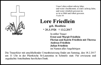 Traueranzeige von Lore Friedlein von Neue Presse Coburg