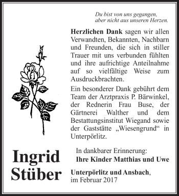 Traueranzeige von Ingrid Stüber von Südthüringer Presse