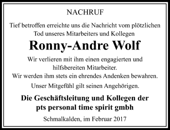 Traueranzeige von Ronny-Andre Wolf von Südthüringer Presse