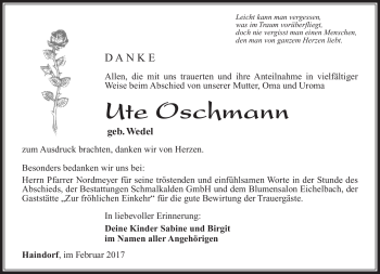Traueranzeige von Ute Oschmann von Südthüringer Presse