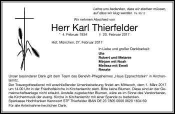 Traueranzeige von Karl Thierfelder von Frankenpost