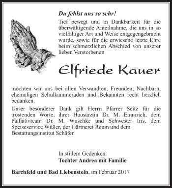 Traueranzeige von Elfriede Kauer von Südthüringer Presse