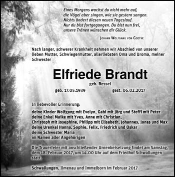 Traueranzeige von Elfriede Brandt von Südthüringer Presse