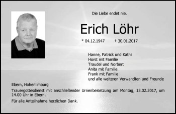 Traueranzeige von Erich Löhr von Neue Presse Coburg